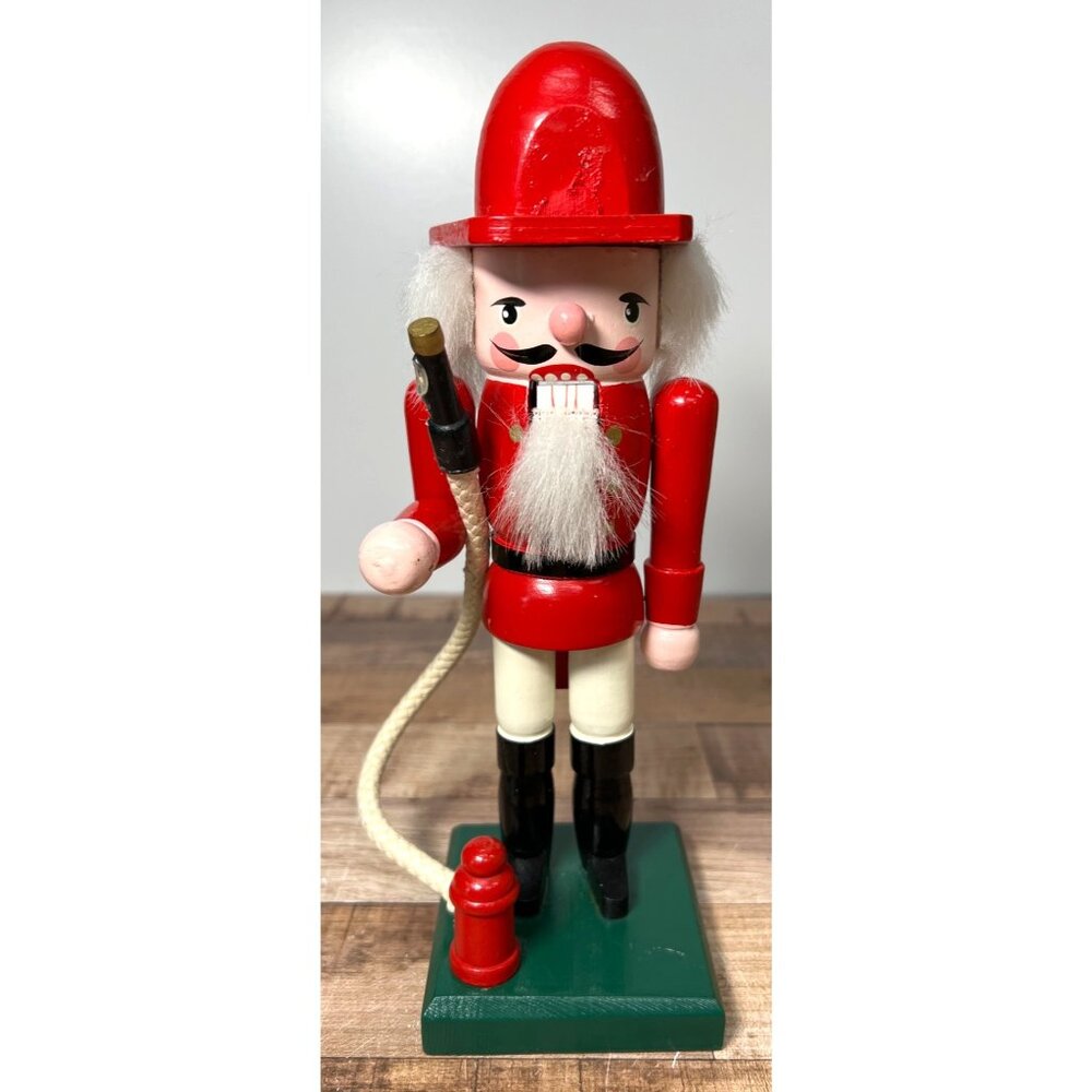 Vintage Kurt Adler Fireman Nutcracker Wood Has Hydrant & Hose 9.5" Fire Fighter
